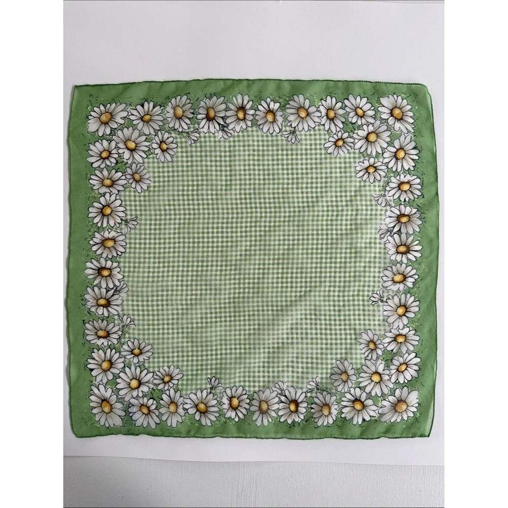 SMALL SQUARE DAISY GINGHAM SHEER SCARF GREEN YELLOW WHITE BANDANA  17